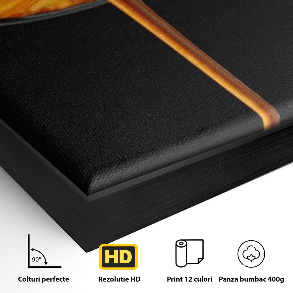 Detaliu al suprafetei: tablou canvas cu jet de espresso, in rama de aluminiu negru